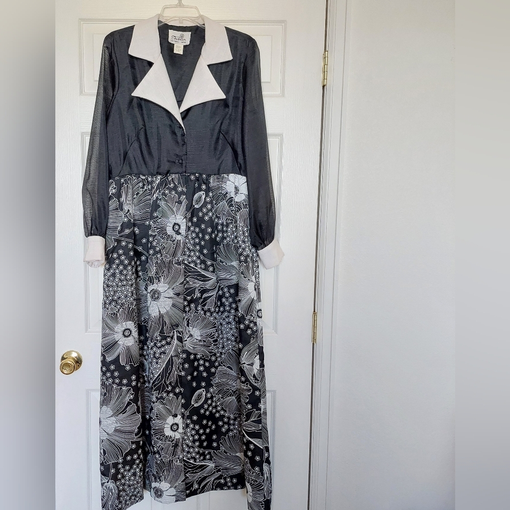 Vtg Maxi MCM Black White Floral 60s/70s Alfred Shaheen Calif Hawaii Sheer Sz 12